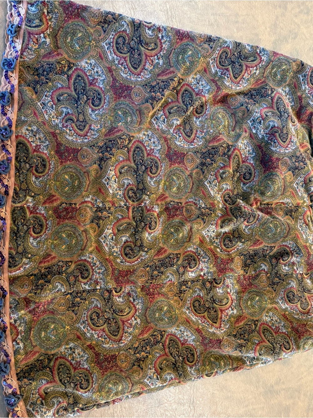 Nanette Lepore Olive Paisley Mini Skirt with Trim Y2K Tapestry Boho Chic Size 8 - Picture 8 of 12